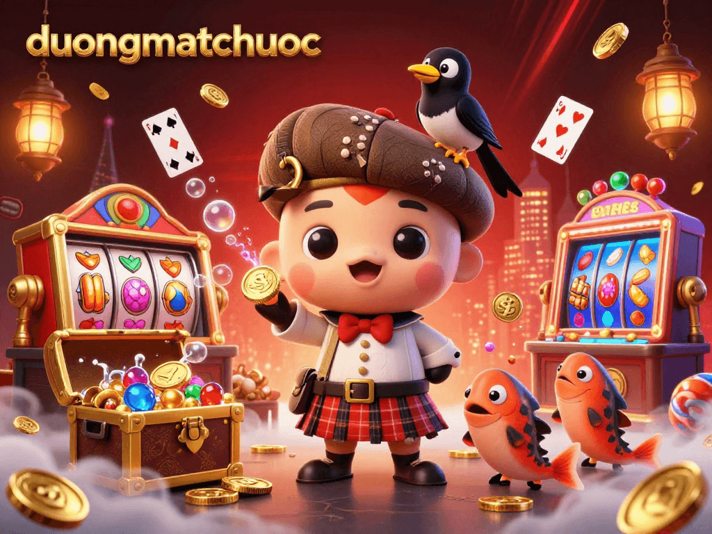 Play slot games at duongmatchuoc with vibrant characters and glowing casino elements in a playful atmosphere.