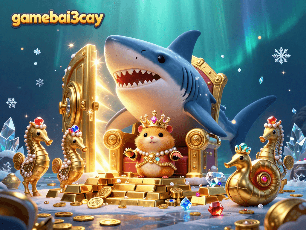 Experience gamebai3cay's vibrant underwater scene with treasure, a hamster king, and royal guards.