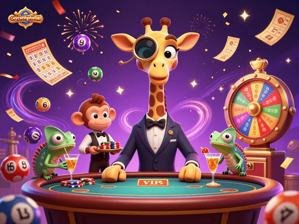 Experience excitement with caycanhphattai, featuring a high-roller giraffe, vibrant lottery balls, and dynamic casino elements.