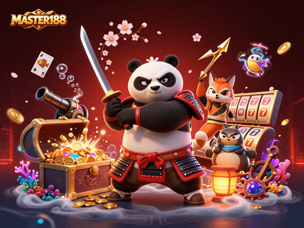 Join the excitement at MASTER188 with a vibrant casino adventure featuring our cartoon samurai panda.