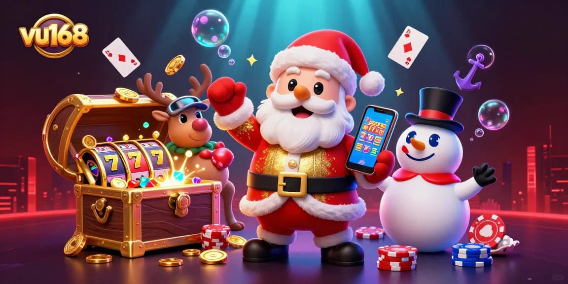 Engage with vue168 in an exciting scene featuring Santa and friends celebrating online jackpots with vibrant casino elements.
