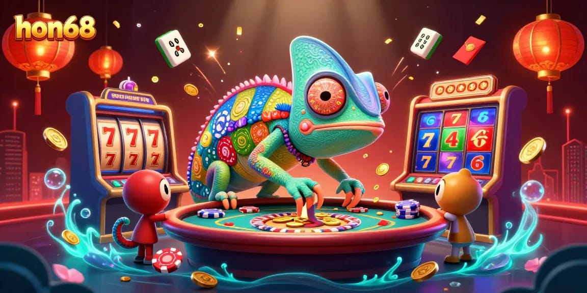 Experience exciting gaming at hon68 with the dynamic chameleon casino owner, jackpot slots, and vibrant decorations.
