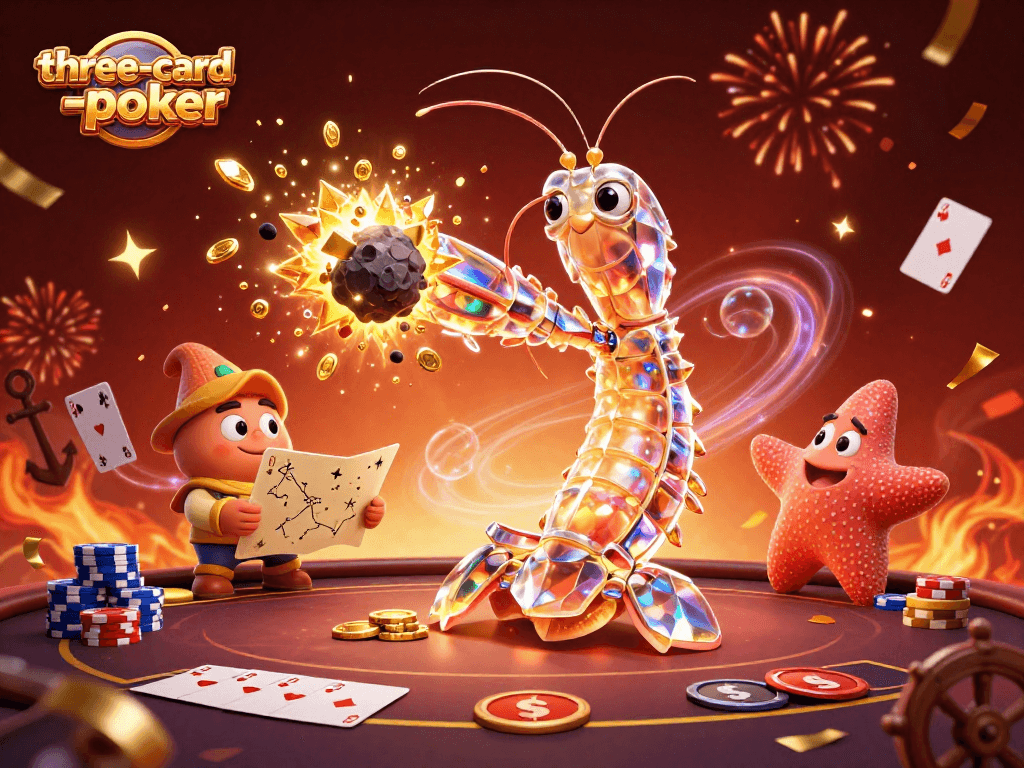 Experience thrilling three-card-poker action with animated characters amidst an explosion of excitement and casino elements.