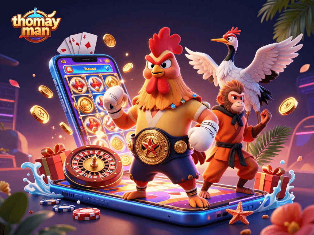 Engage in thrilling gameplay with thomayman featuring energetic characters, slot reels, and dazzling casino elements.