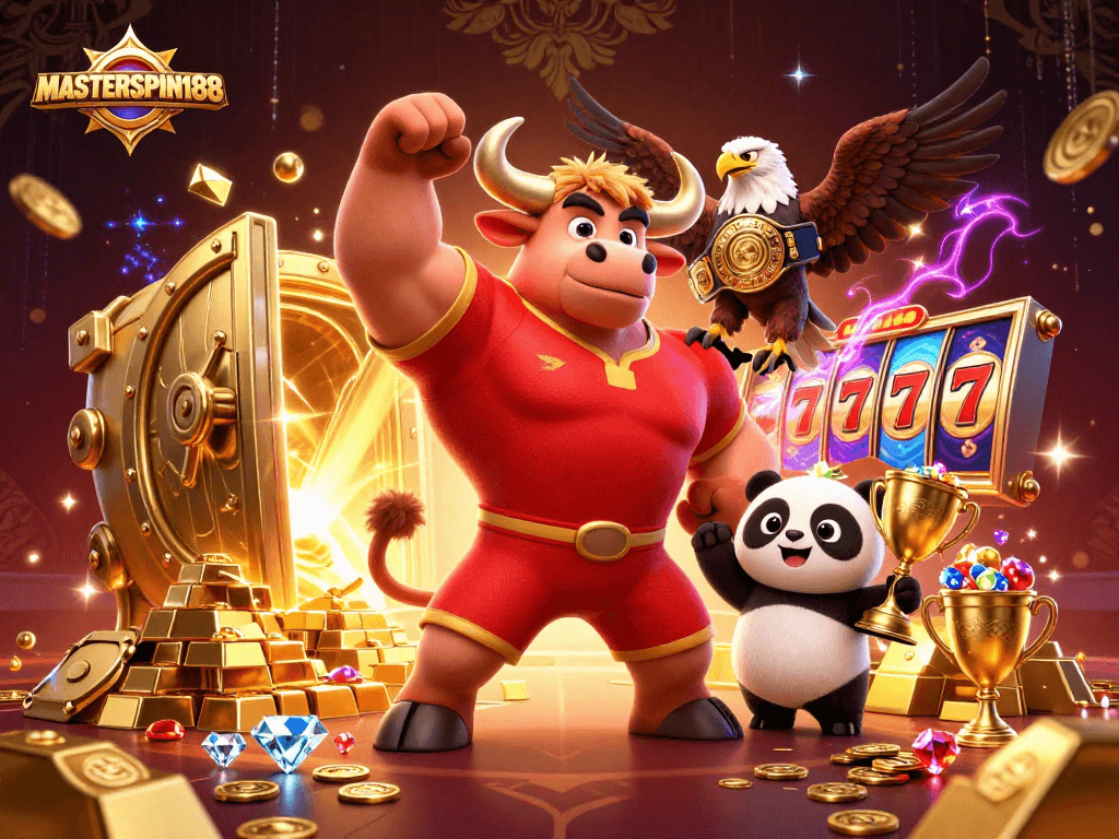 Celebrate big wins at MASTERSPIN188 with cartoon characters surrounded by treasure, slots, and excitement.