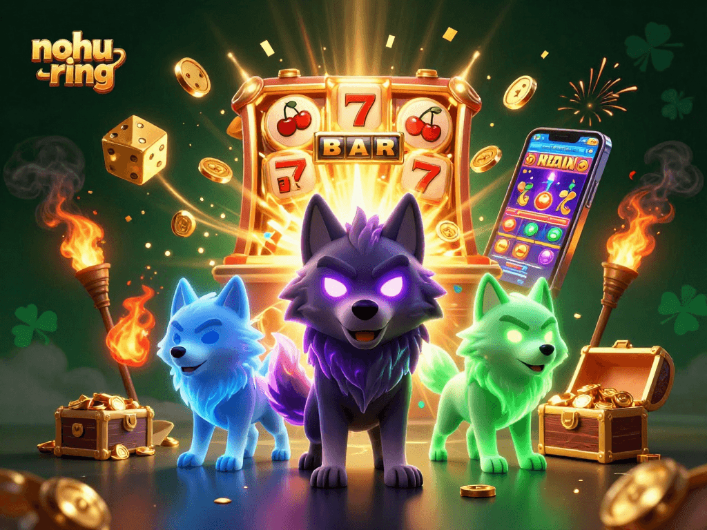Exciting nohu-ring slot experience with glowing wolves, jackpots, and vibrant game elements bursting from a 3D slot machine.