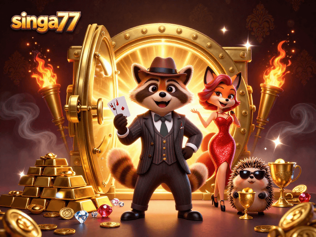 Singa77 showcases a vibrant 3D casino scene with charismatic characters, emphasizing excitement and wealth.
