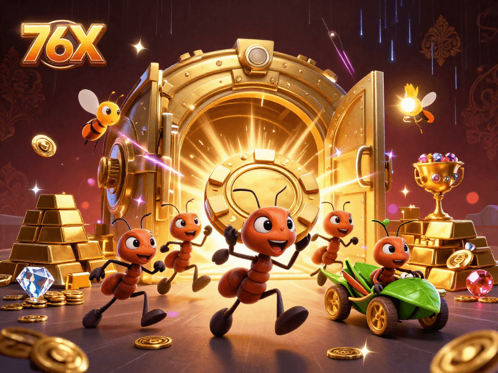 Os insetos do 76X correm para o cassino enquanto carregam um grande chip de poker.