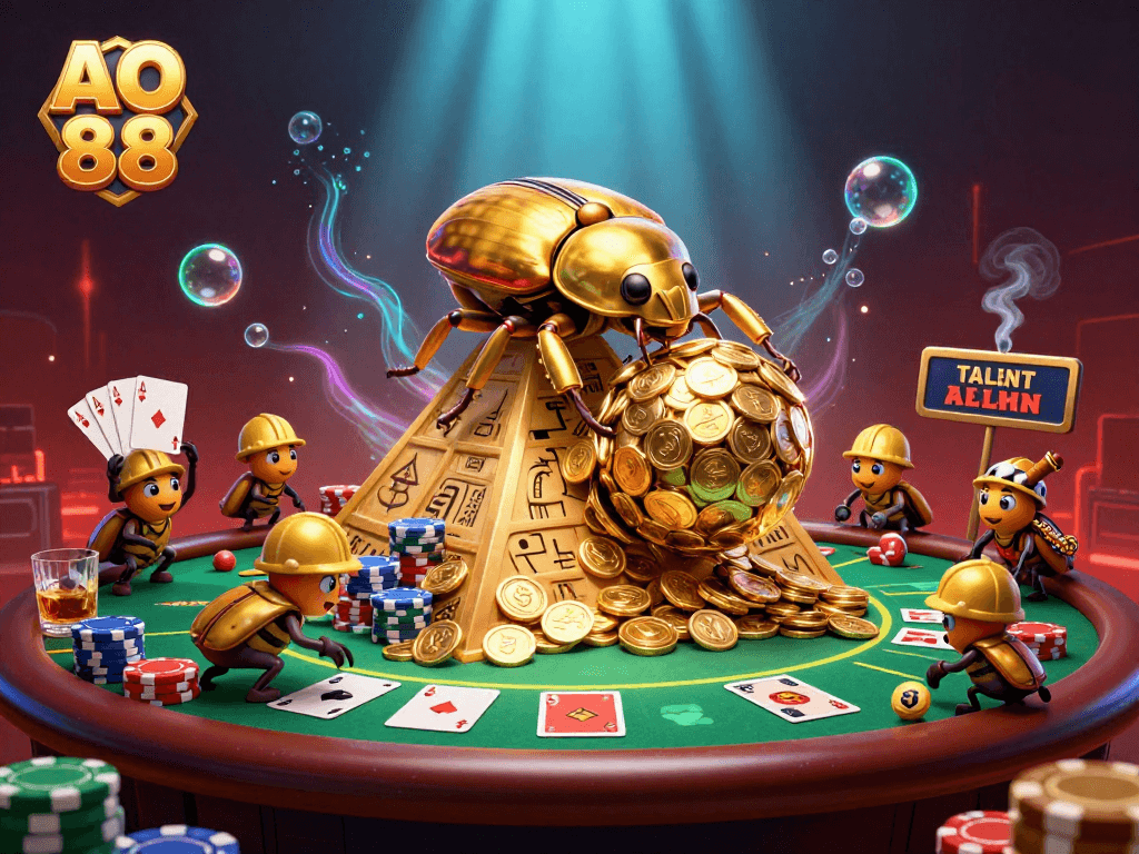 Experience the thrill of AO 88 as golden beetles roll coins in a vibrant casino scene.