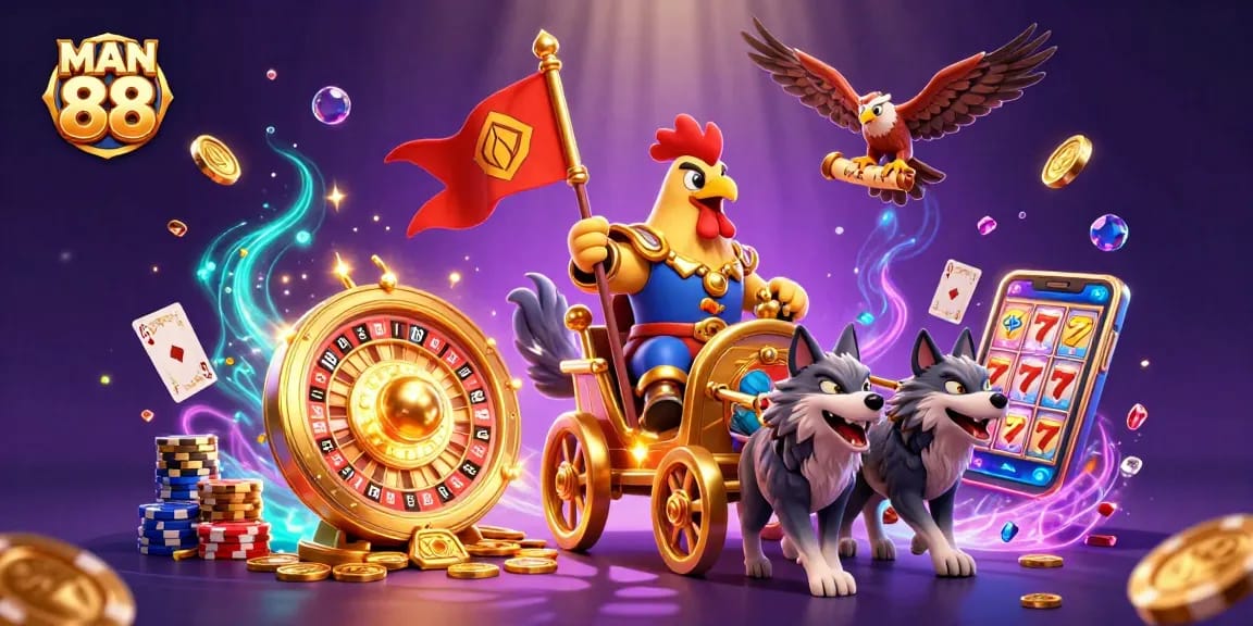 Experience exhilarating gameplay with MAN 88 in this vibrant casino scene filled with lucky symbols and high stakes.