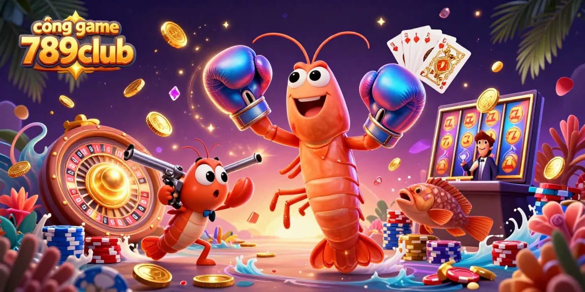 Play thrilling games at cổng game 789club with a dynamic 3D casino illustration featuring exciting game elements.