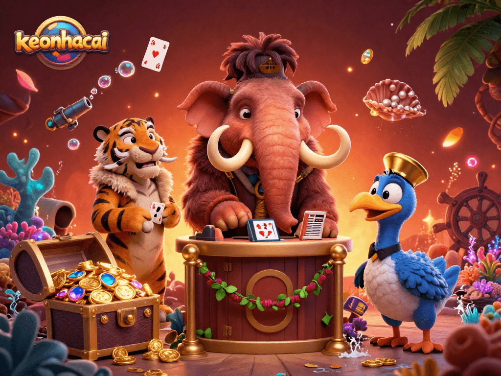 Engage with keonhacai at a casino with vibrant characters and underwater treasures.