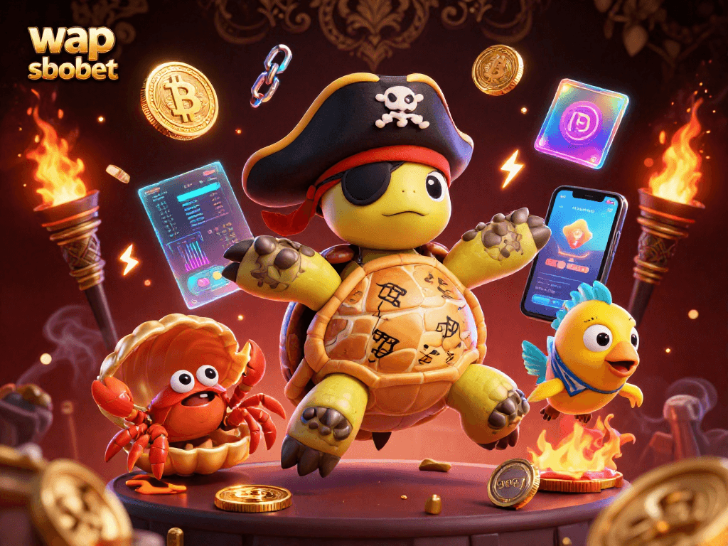 Engage with wap sbobet in this vibrant illustration featuring unique casino characters and crypto elements.