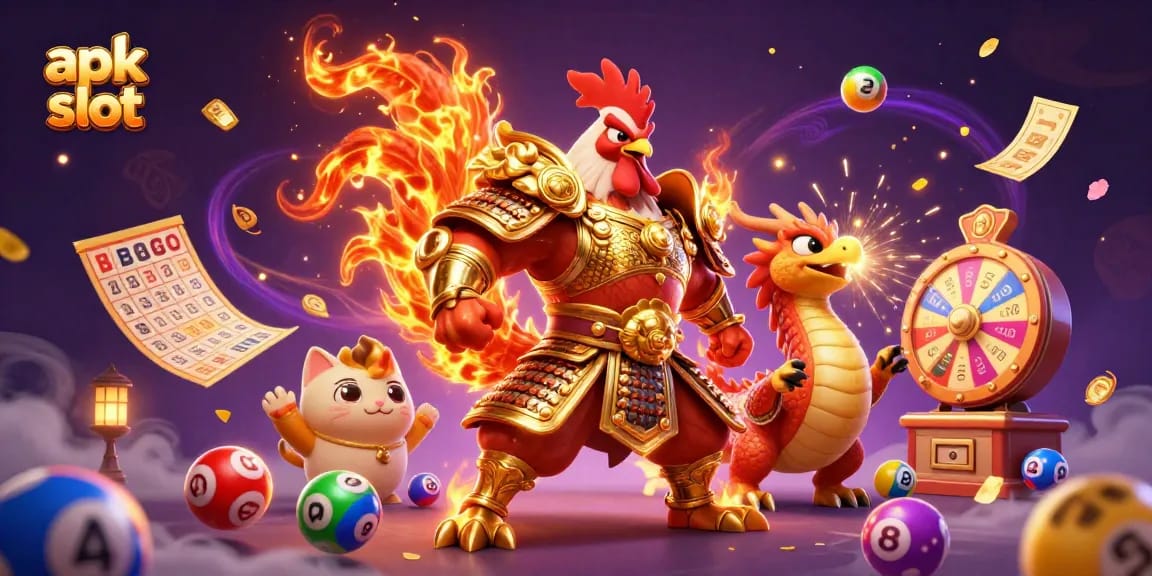 Menghadirkan apk slot terbaru dengan karakter ayam petarung dan naga dalam ilustrasi yang dinamis.