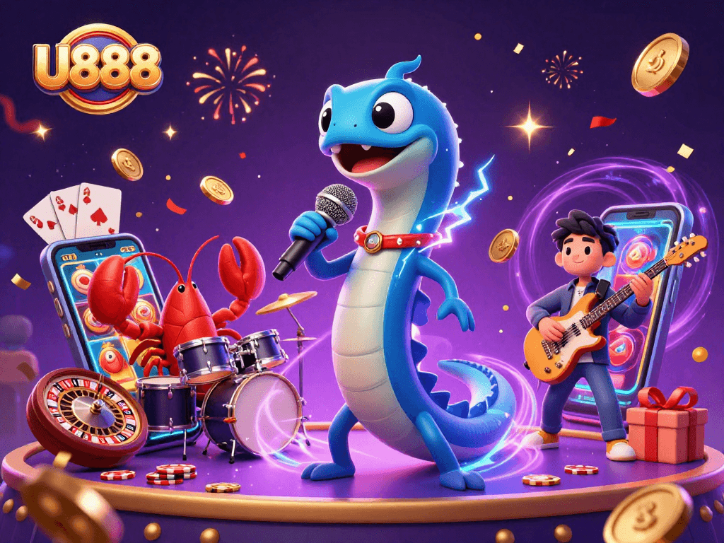 U888's electric eel DJ performance energizes players with festive casino elements.
