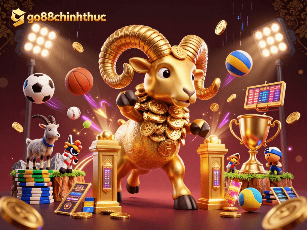 Experience the vibrant energy of go88chinhthuc with golden ram charging through a colorful sports-themed casino.