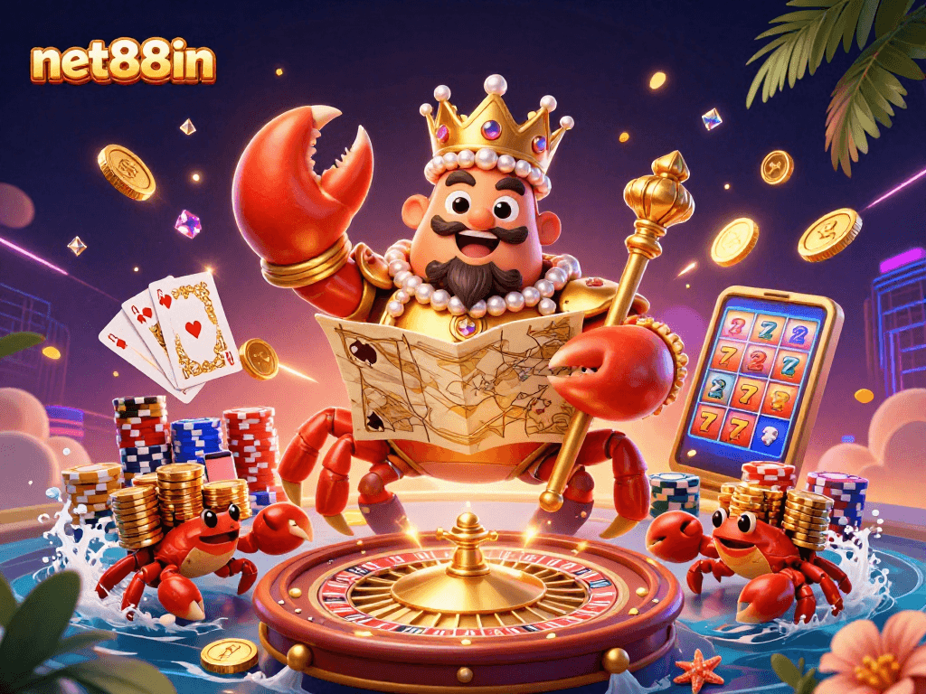 Experience the vibrant action of net88in with the golden crab emperor and dazzling casino elements!