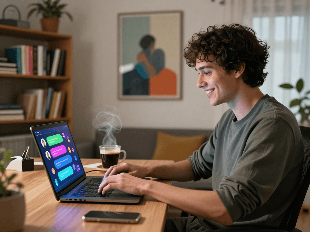 Engaging in a porn ai chat conversation in a cozy home office with a digital interface.