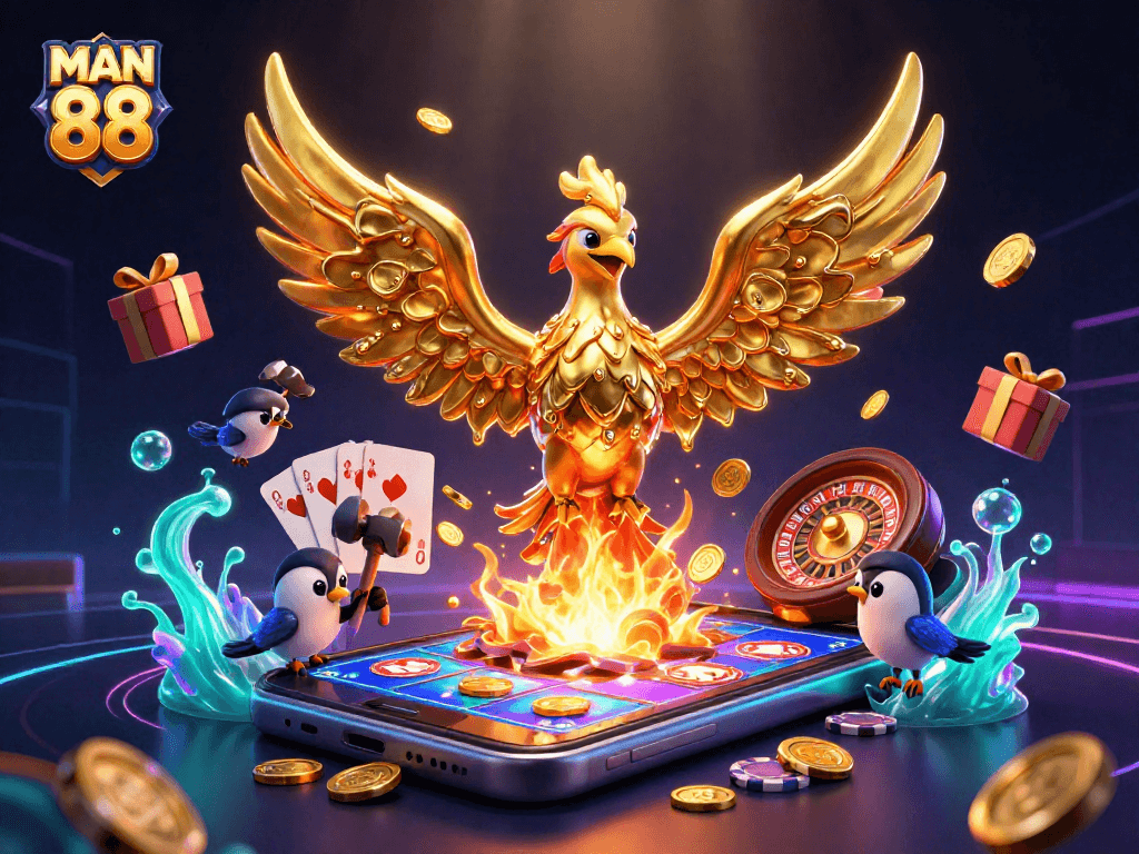 Experience the winning thrills at MAN 88 with a 3D illustration of a golden phoenix amidst vibrant casino elements.