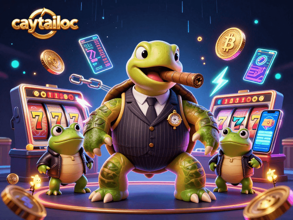 Experience thrilling jackpot spins with caytailoc's cascading slot reels in a vibrant casino scene.