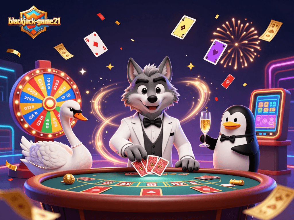 Experience thrilling blackjack-game21 action with a sophisticated wolf, swan dealer, and penguin sommelier at the gaming table.