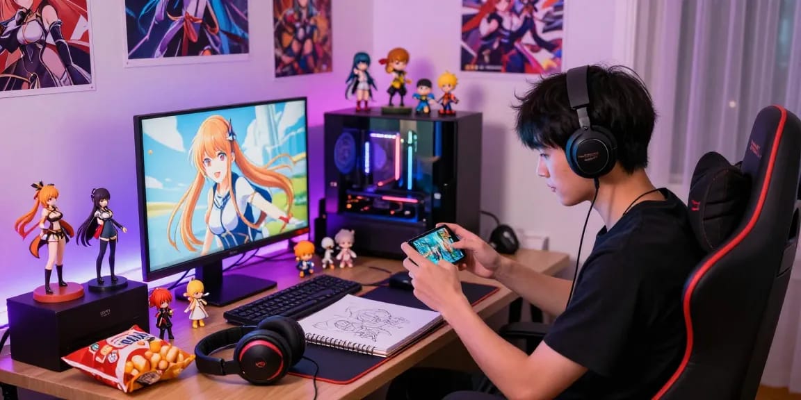 Gamer on a smartphone playing gacha168 with colorful collectibles around.