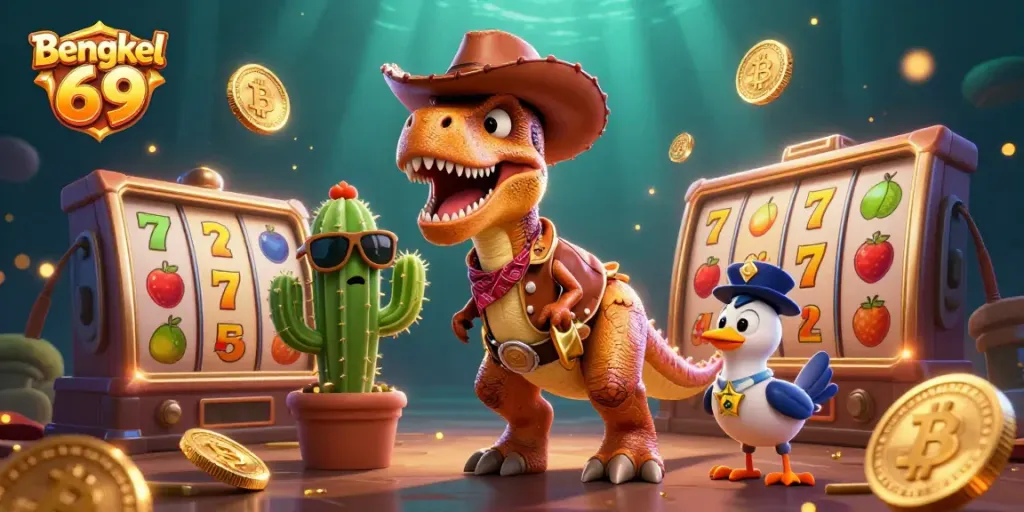 Bengkel 69 showcases a vibrant casino scene with a cartoon dinosaur and fun slot symbols, engaging in excitement.