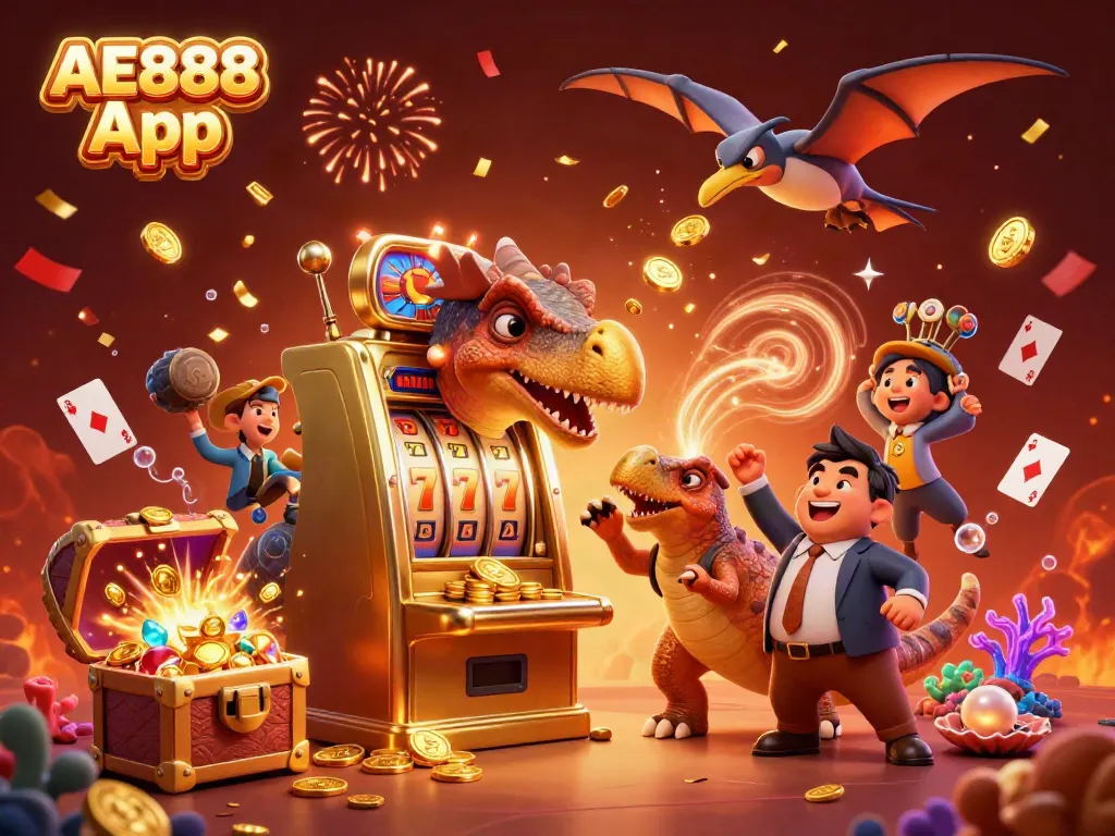 AE888 App showcases a vibrant dinosaur-themed casino adventure celebrating big wins with dynamic visuals.