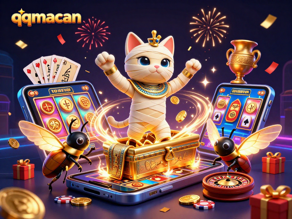 qqmacan features a dynamic scene with a mummy cat, glowing scarab, and gambling action.