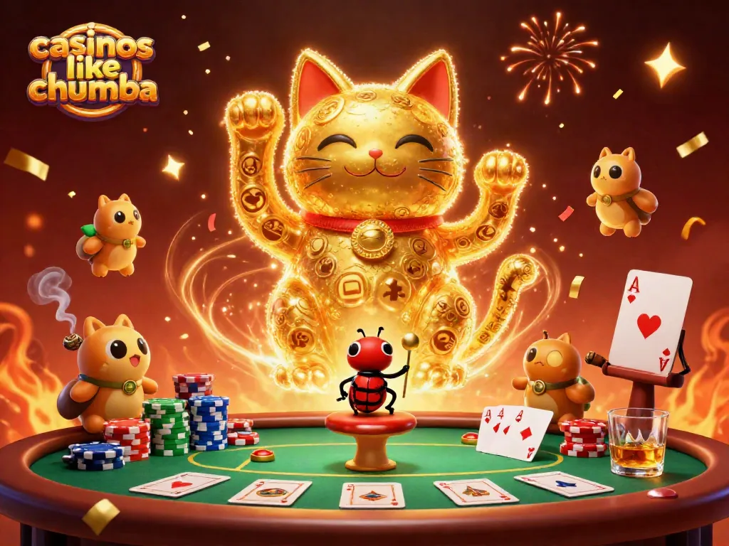 Engage with exciting casinos like Chumba, featuring vibrant casino symbols, a lucky cat, and golden fireflies.