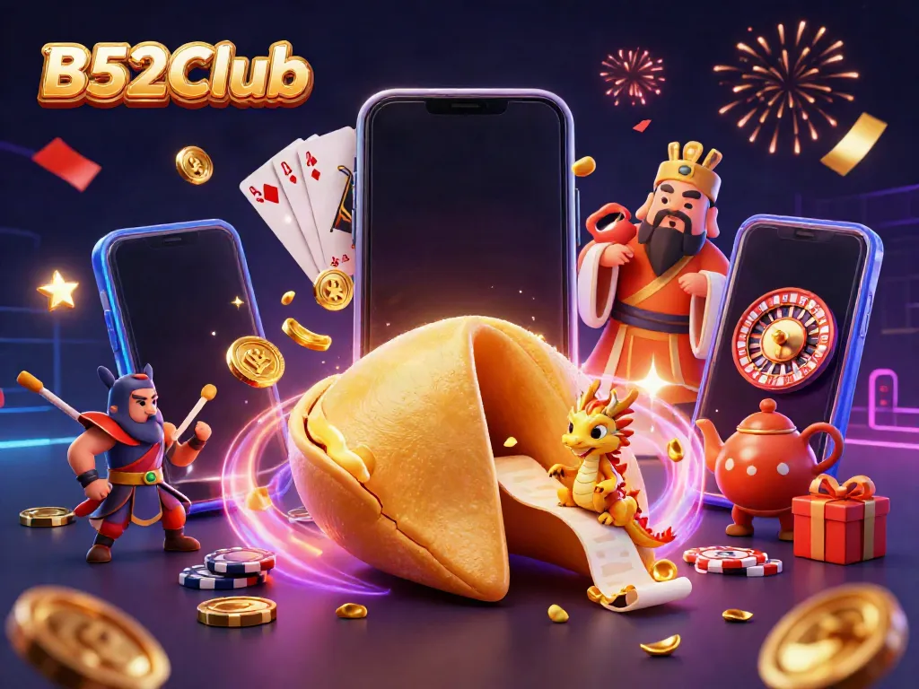 Experience thrilling gameplay at B52Club with a vibrant casino-themed illustration showcasing fortune, luck, and excitement.