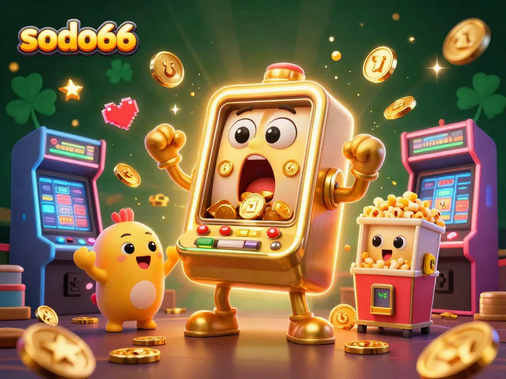 Win big with sodo66 in this vibrant, animated casino scene featuring joyful slot machines and coins!