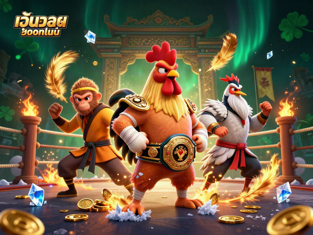 เว็บบอลออนไลน์ ภาพการต่อสู้ในสนามที่มีไก่มัวยไทย, ลิงเส้าหลิน, และนกกระเรียนในบรรยากาศคาสิโน