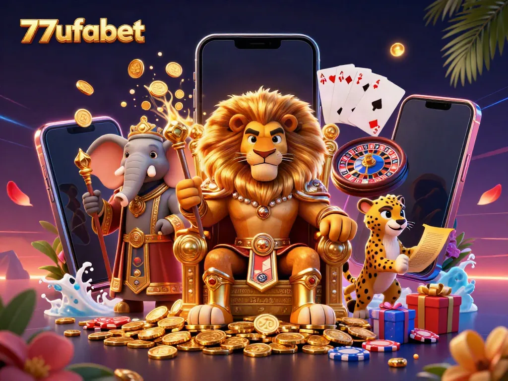Experience the vibrant world of 77ufabet with a dynamic illustration of a lion king, elephant advisor, and cheetah messenger amidst thrilling gaming elements.