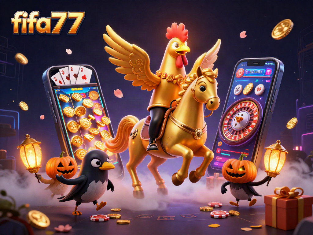 Engage with fifa777 in a vibrant casino scene featuring a golden rooster on a spectral horse.