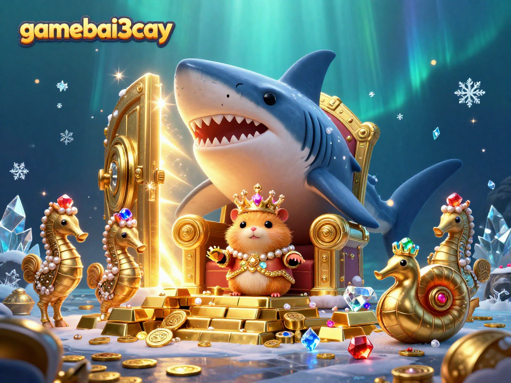 Experience gamebai3cay's vibrant underwater scene with treasure, a hamster king, and royal guards.