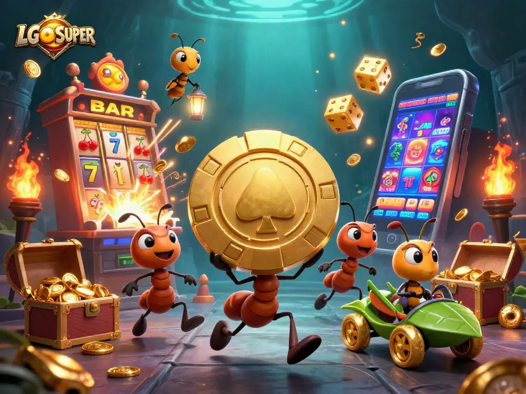 Experience thrilling wins with LGOSUPER as cartoon ants carry a giant poker chip amidst a casino heist.