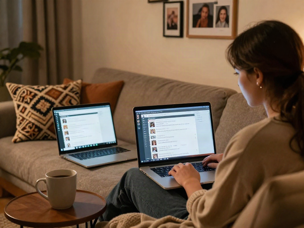 Cozy home scene showcasing a couple using sex ai chat on laptops, creating an intimate virtual connection.