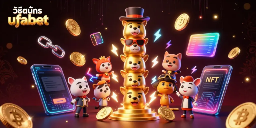 Engage in วิธีสมัคร ufabet with a lively 3D casino illustration packed with vibrant elements and crypto coins.