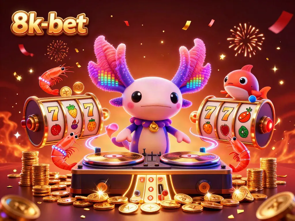 Watch the vibrant axolotl DJ and crew celebrate while spinning slots, highlighting 8k-bet gaming energy.
