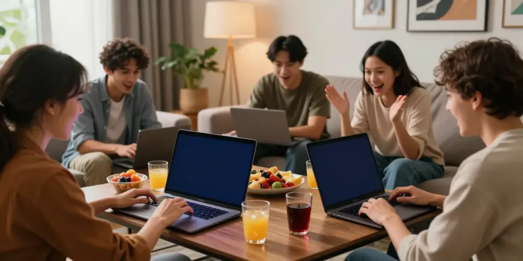 Friends enjoying akunjp online gaming in a cozy living room atmosphere