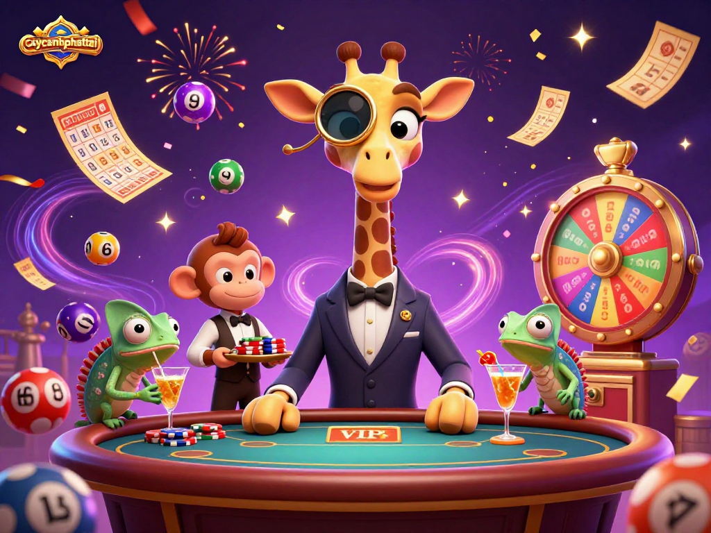 Experience excitement with caycanhphattai, featuring a high-roller giraffe, vibrant lottery balls, and dynamic casino elements.