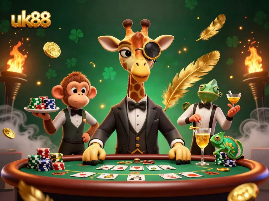 Experience the thrill of uk88 with a high-roller giraffe, poker table, and vibrant casino elements.