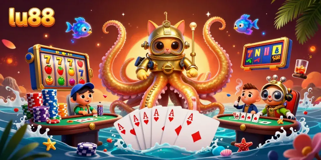 Experience exhilarating jackpots with lu88 in a vibrant 3D casino scene featuring a kraken and diving cat.