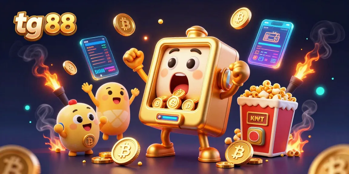 Experience excitement at tg 88 as a golden slot machine hits the jackpot amidst lighting and crypto elements.