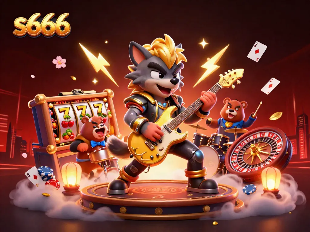 S666 casino scene featuring a rock star wolf and drummer bear with dynamic gaming elements.