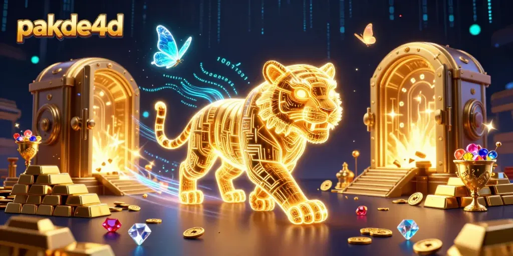 Experience the excitement of pakde4d with a glowing tiger in a vibrant casino scene filled with treasures.