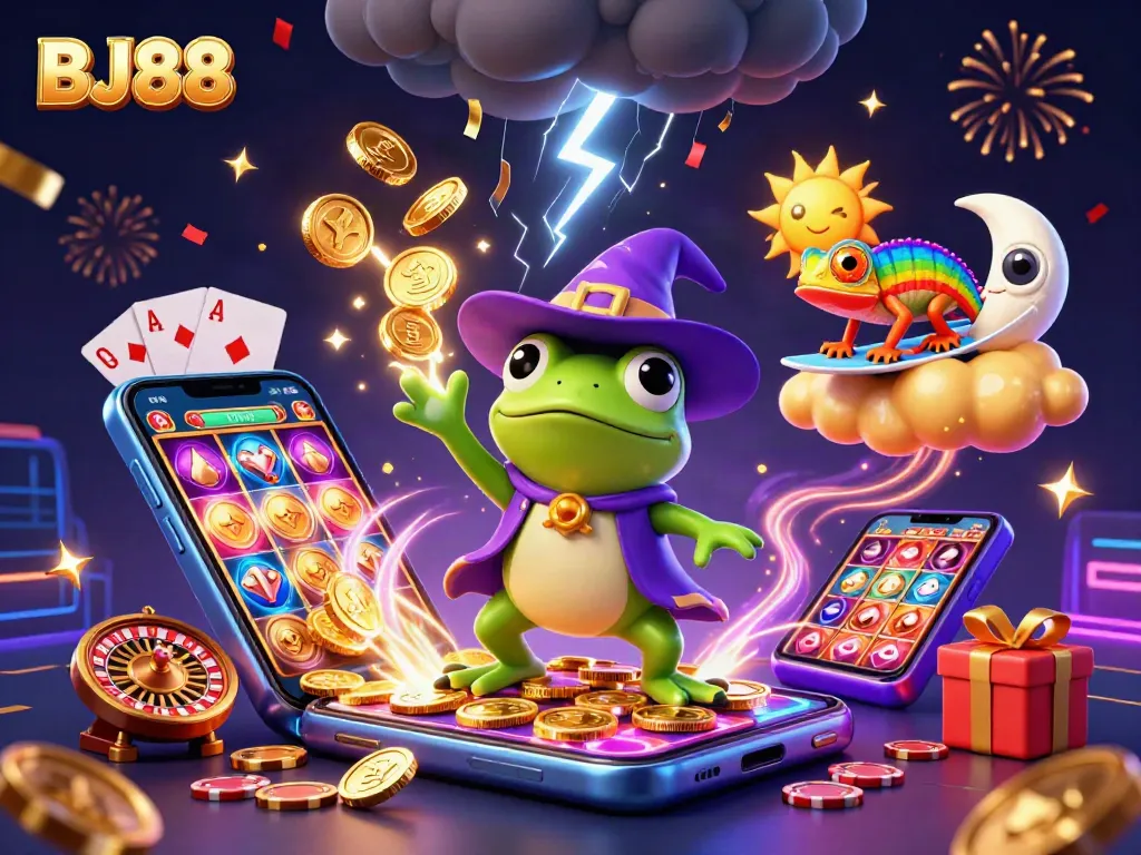 BJ88 features a vibrant scene of gaming excitement with golden coins and colorful slot reels erupting, showcasing the thrill of online betting.