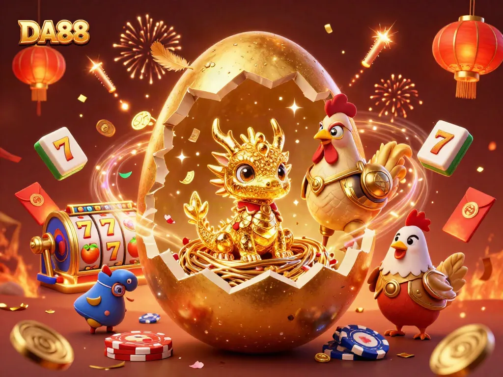 Experience exciting slots action with DA88 in a vibrant, festive 3D illustration.
