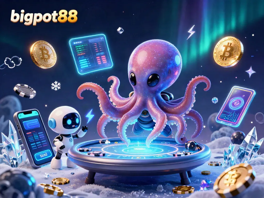 bigpot88 menampilkan alien gurita yang sedang bermain poker holografik dalam latar belakang yang futuristik
